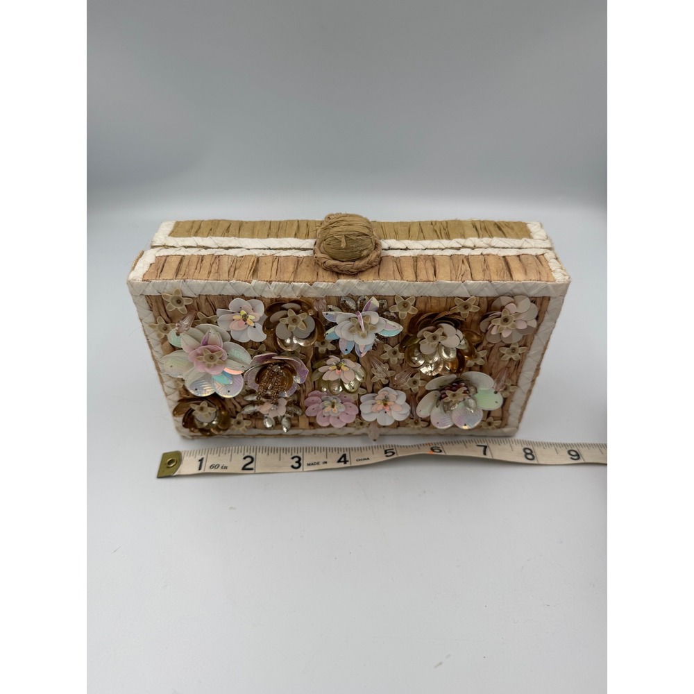 Hat Attack Raffia Floral Sequin Box Clutch Bag Tan Gold Chain Strap Evening Bag - Picture 6 of 7